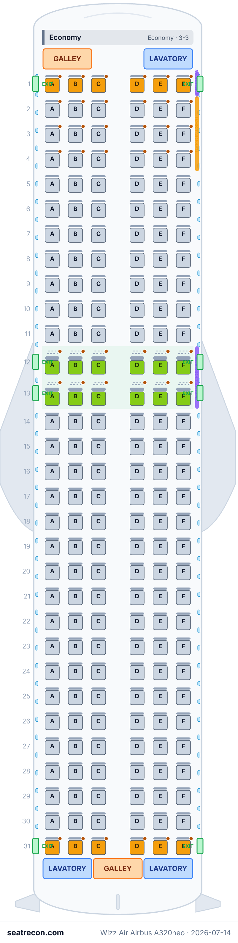 Wizz Air Airbus A320neo seat map diagram — Economy (186 seats)
