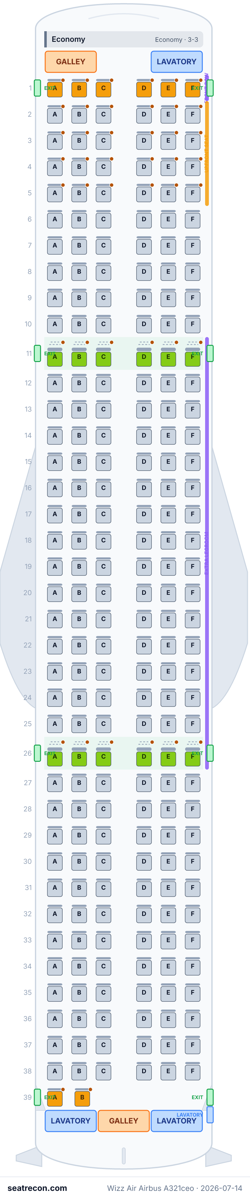 Wizz Air Airbus A321ceo seat map diagram — Economy (230 seats)