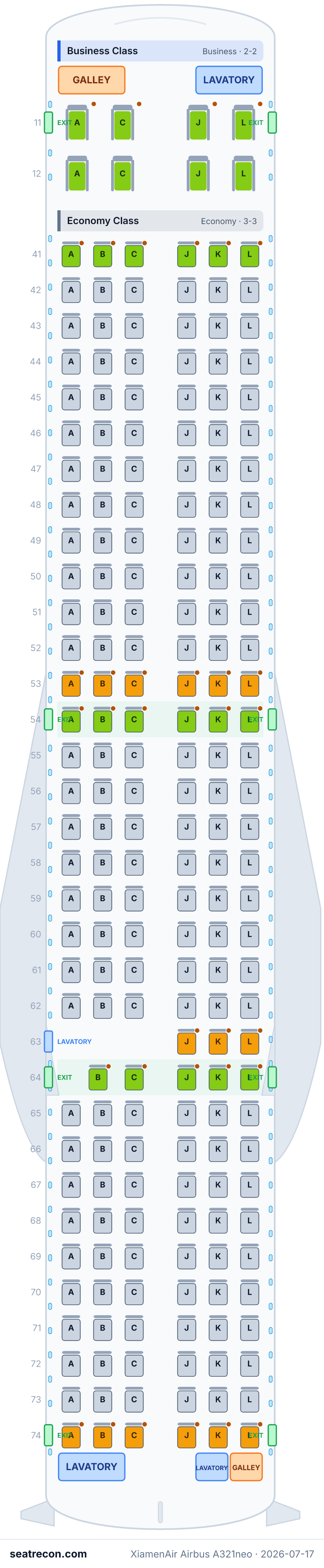 XiamenAir Airbus A321neo seat map diagram — Business Class, Economy Class (208 seats)