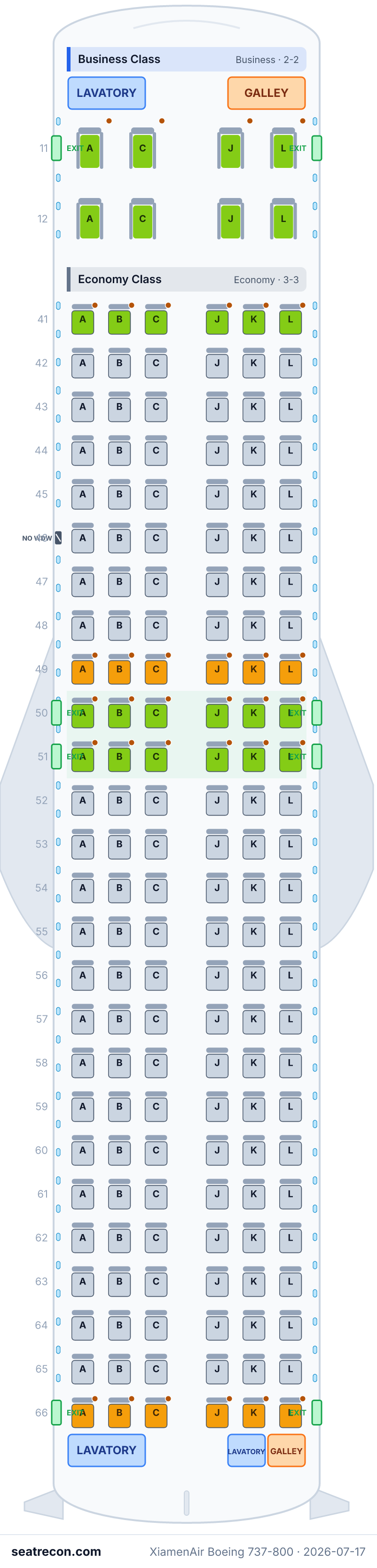XiamenAir Boeing 737-800 seat map diagram — Business Class, Economy Class (164 seats)