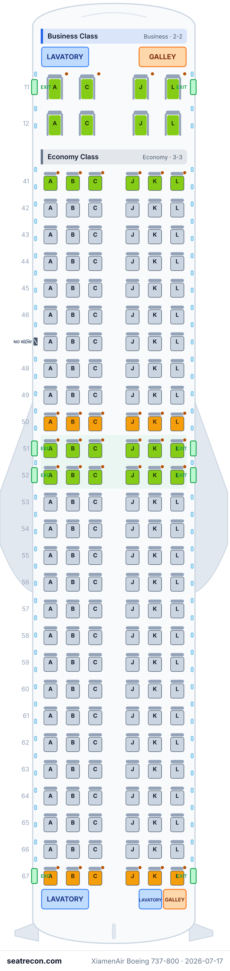 XiamenAir Boeing 737-800 seat map diagram — Business Class, Economy Class (170 seats)