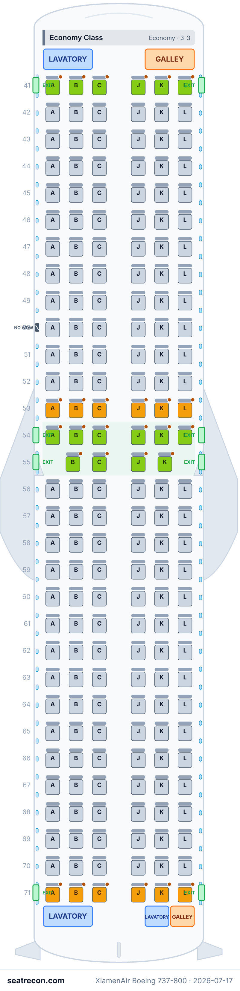 XiamenAir Boeing 737-800 seat map diagram — Economy Class (184 seats)