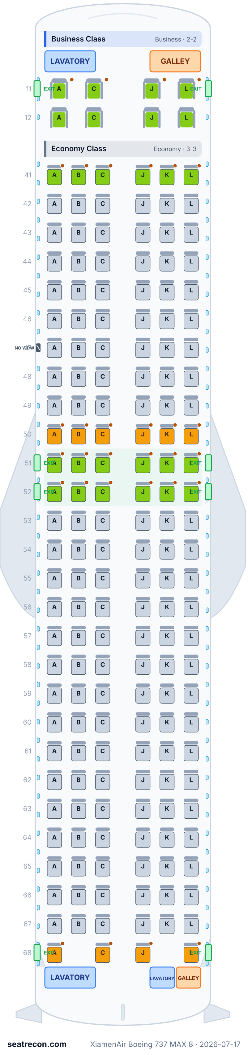 XiamenAir Boeing 737 MAX 8 seat map diagram — Business Class, Economy Class (174 seats)