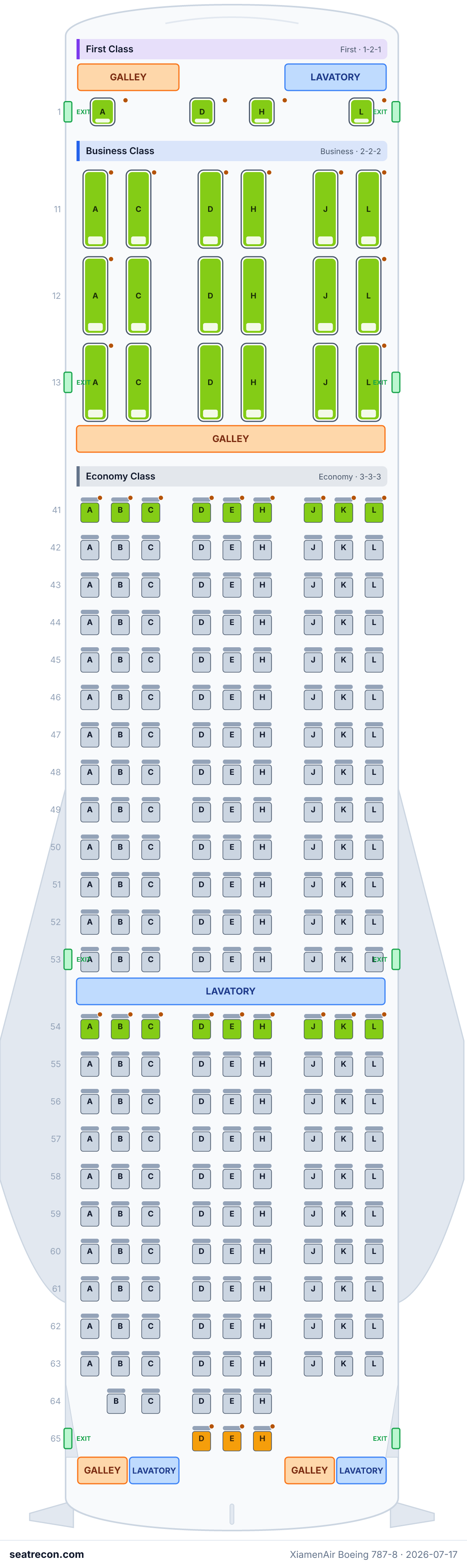 XiamenAir Boeing 787-8 seat map diagram — First Class, Business Class, Economy Class (237 seats)