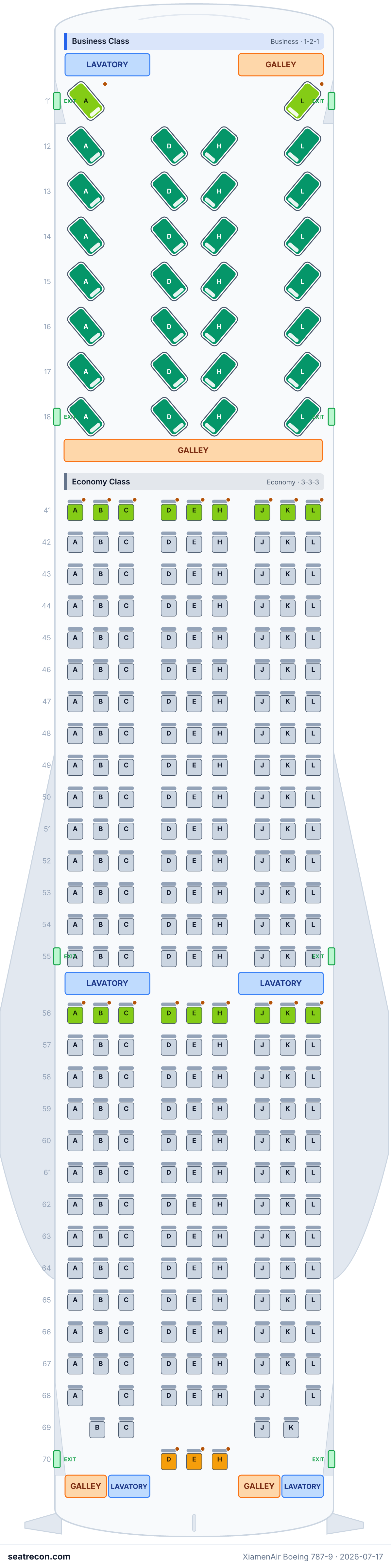XiamenAir Boeing 787-9 seat map diagram — Business Class, Economy Class (287 seats)
