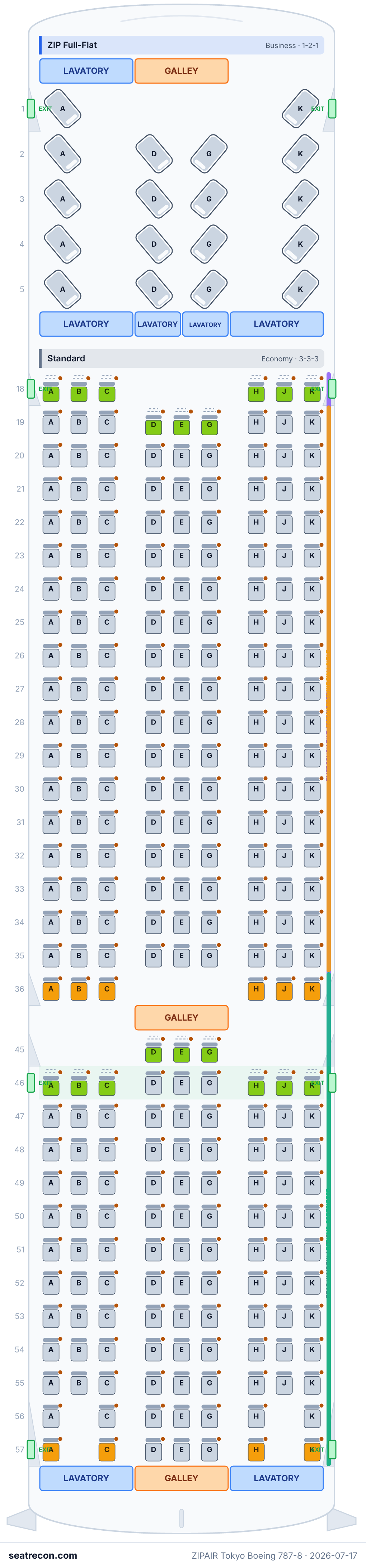 ZIPAIR Tokyo Boeing 787-8 seat map diagram — ZIP Full-Flat, Standard (290 seats)